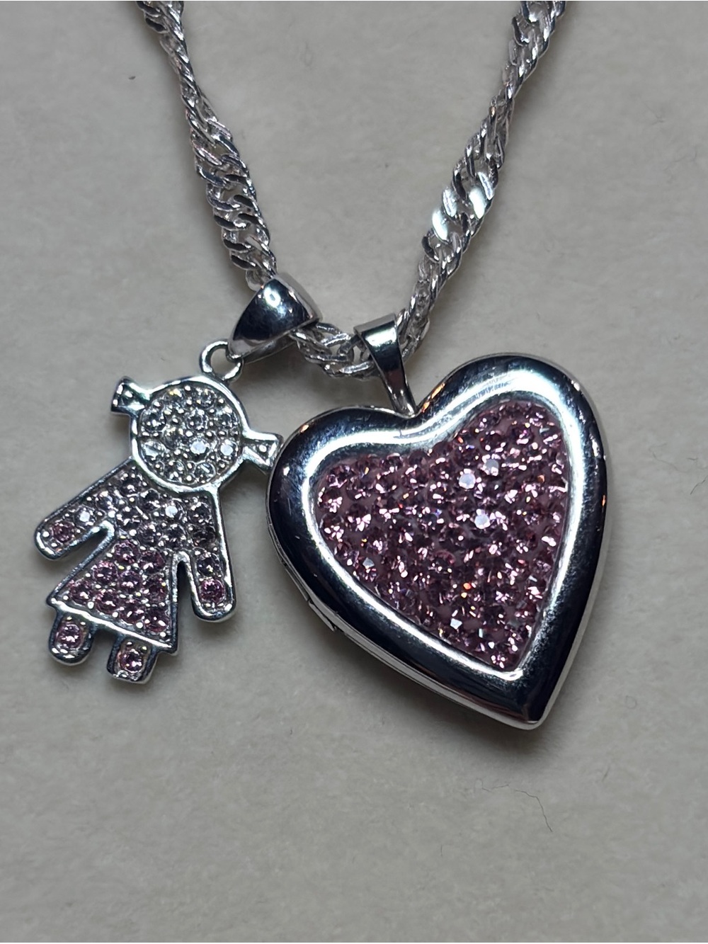 Silver Heart charm locket and little girl set with pink crystals charms